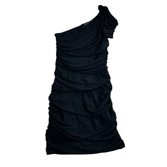 Twenty One Black Ruched Dress Sz M One Short Sleeve Fitted Mini Party Evening - Picture 4 of 7